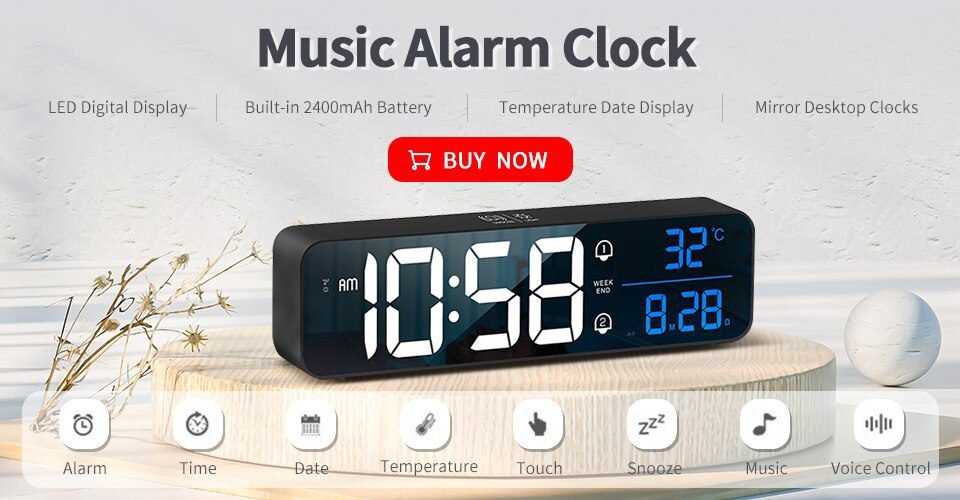 Music LED Digital Alarm Clock Voice Control Temperature Humidity Display Desktop Clocks Home Table Decoration Built-in 1200mAh
