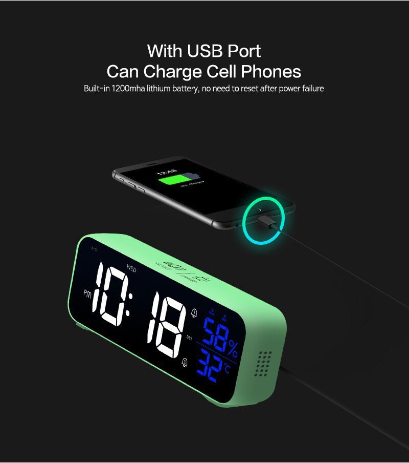 Music LED Digital Alarm Clock Voice Control Temperature Humidity Display Desktop Clocks Home Table Decoration Built-in 1200mAh