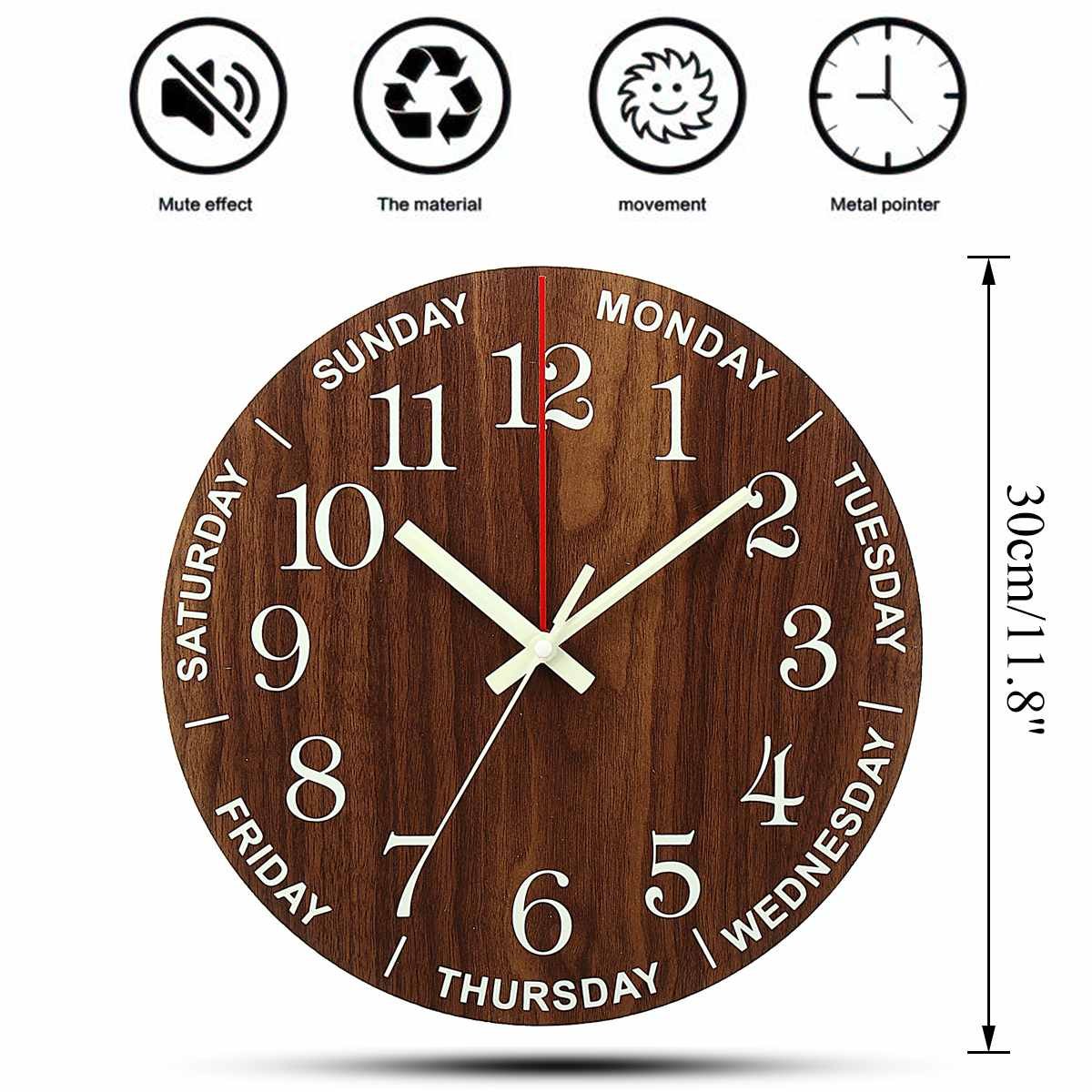 12 Inch Luminous Wall Clock Wood Silent light in dark night Nordic Fashion Wall Clock Non Ticking Clock With Night Light