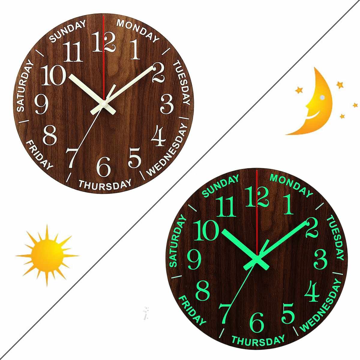 12 Inch Luminous Wall Clock Wood Silent light in dark night Nordic Fashion Wall Clock Non Ticking Clock With Night Light