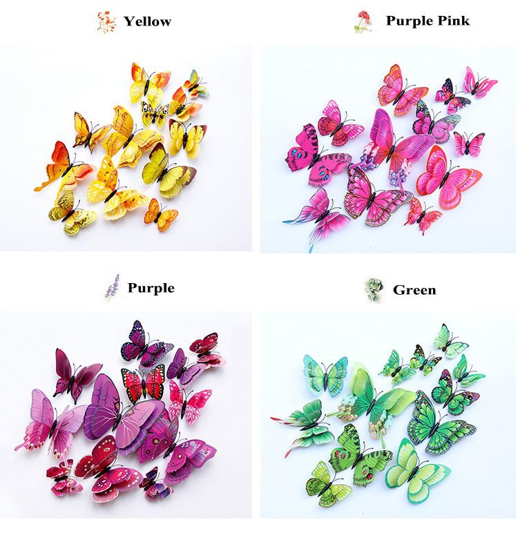 12pcs 3D Double Layer Butterflies Wall Stickers Living Room Decor Wedding Kids Room Decoration DIY Wall Art Magnet Stickers