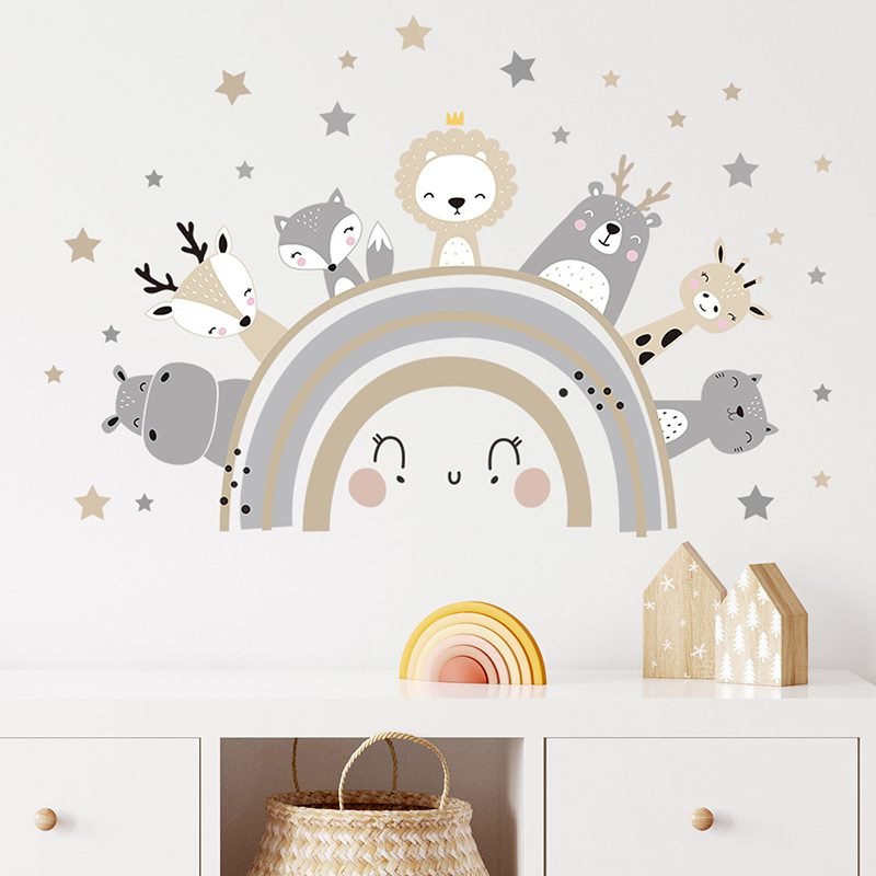 Cartoon Cute Lion Bunny Forest Animals Stars Wall Stickers Bear Deer Wall Decals for Kids Room Baby Nursery Room Bedroom Murals