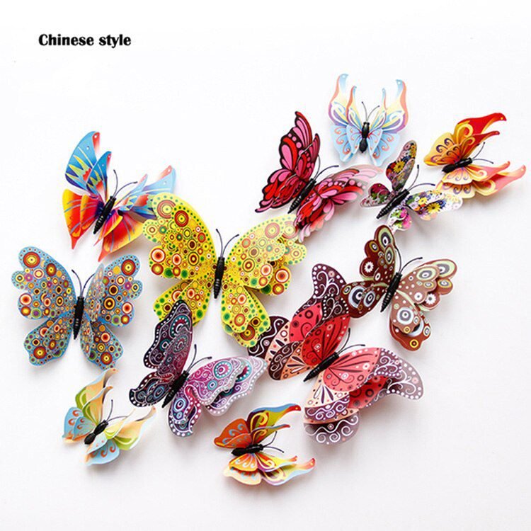 12Pcs Mixed Color Double Layer Butterfly 3D Wall Sticker For Wedding Decoration Magnet Butterflies Fridge Decals Home Room Decor