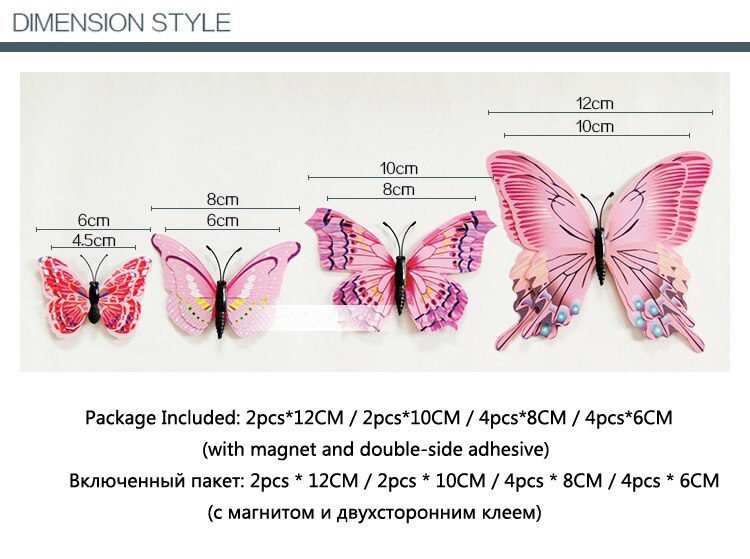 12Pcs Mixed Color Double Layer Butterfly 3D Wall Sticker For Wedding Decoration Magnet Butterflies Fridge Decals Home Room Decor