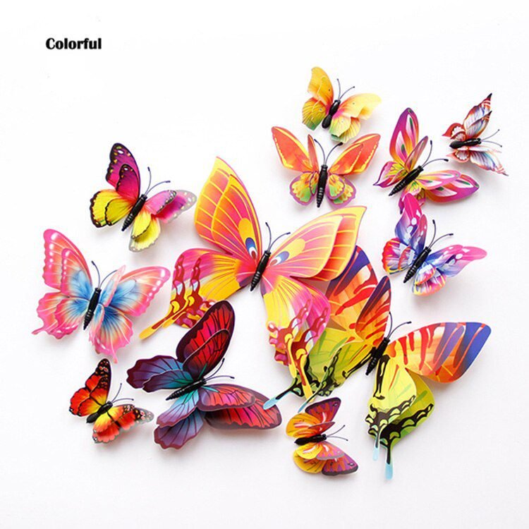 12Pcs Mixed Color Double Layer Butterfly 3D Wall Sticker For Wedding Decoration Magnet Butterflies Fridge Decals Home Room Decor