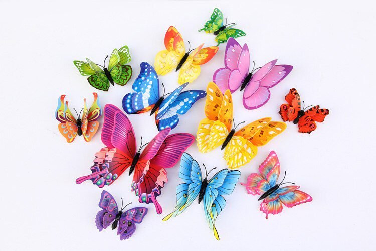 12Pcs Mixed Color Double Layer Butterfly 3D Wall Sticker For Wedding Decoration Magnet Butterflies Fridge Decals Home Room Decor