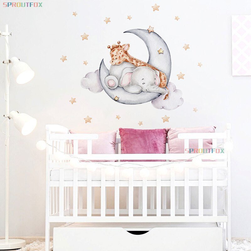 Elephant Giraffe Wall Stickers For Kids Rooms Wall Decorative Vinyl Animal Pattern Moon Child Wall Stickers For Children's Room