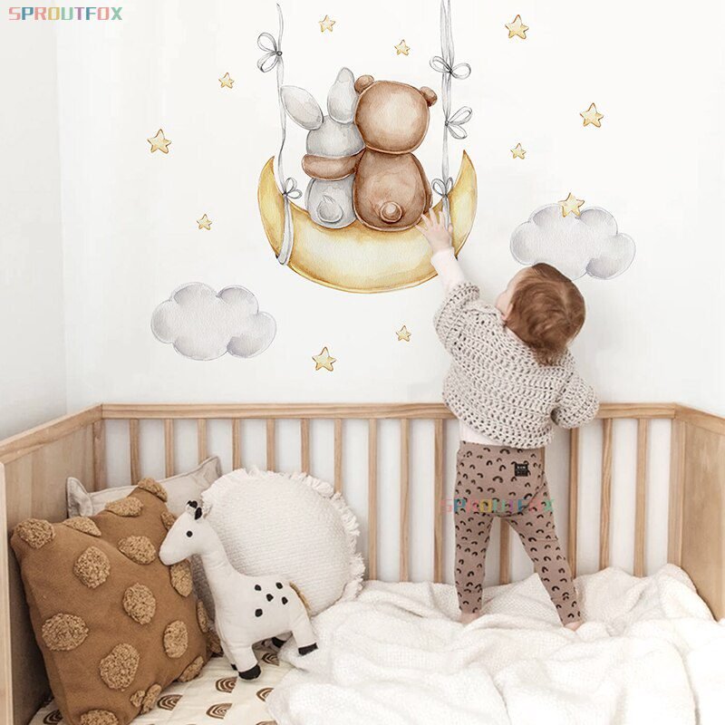 Elephant Giraffe Wall Stickers For Kids Rooms Wall Decorative Vinyl Animal Pattern Moon Child Wall Stickers For Children's Room