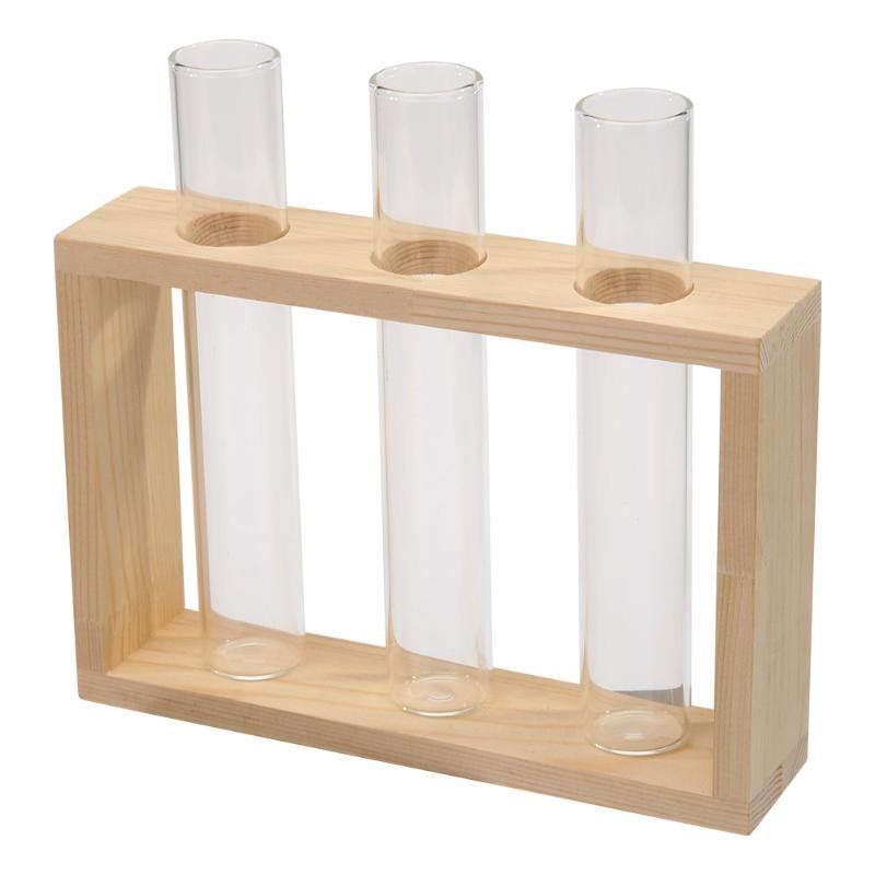 Transparent Glass Vase Wood Frame Iron Art Terrarium Bonsai Table Ornaments Glass and Wood Vase Planter Terrarium Table Desktop