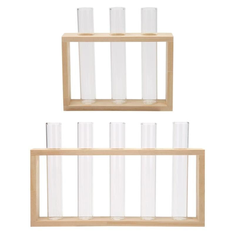 Transparent Glass Vase Wood Frame Iron Art Terrarium Bonsai Table Ornaments Glass and Wood Vase Planter Terrarium Table Desktop