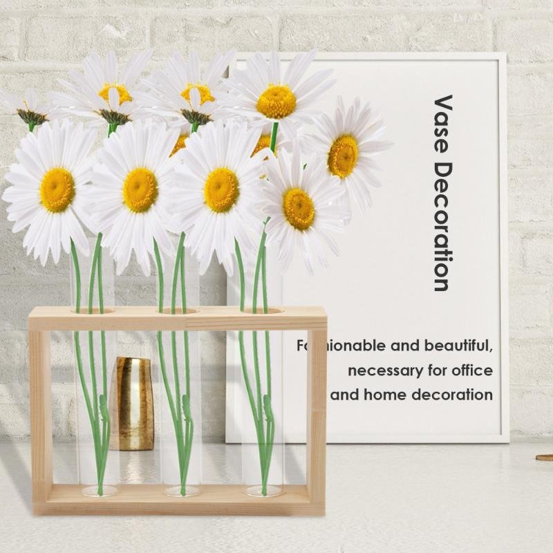 Transparent Glass Vase Wood Frame Iron Art Terrarium Bonsai Table Ornaments Glass and Wood Vase Planter Terrarium Table Desktop