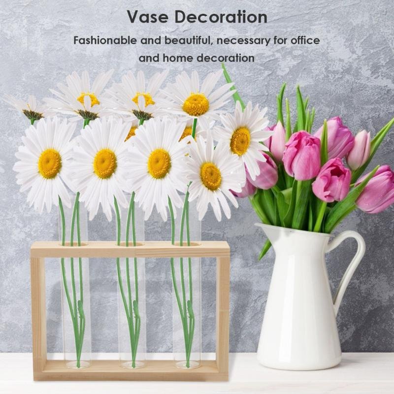 Transparent Glass Vase Wood Frame Iron Art Terrarium Bonsai Table Ornaments Glass and Wood Vase Planter Terrarium Table Desktop