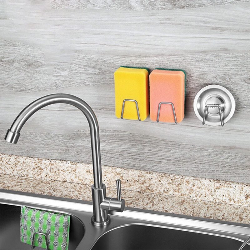 Kitchen Sponges Holder Self Adhesive Sink Sponges Drain Drying Rack Stainless Steel Storage Holder Kitchen Sink Accessories#