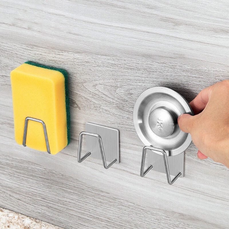 Kitchen Sponges Holder Self Adhesive Sink Sponges Drain Drying Rack Stainless Steel Storage Holder Kitchen Sink Accessories#