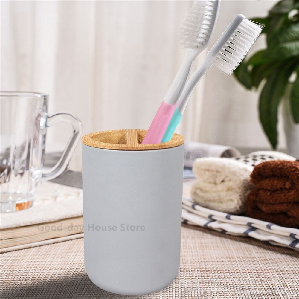 Soap Lotion Dispenser Bathroom Accessories Set Resin and Wood Soap Dish Toothbrush Holder Tumbler Pump Bottle Cup Black or White