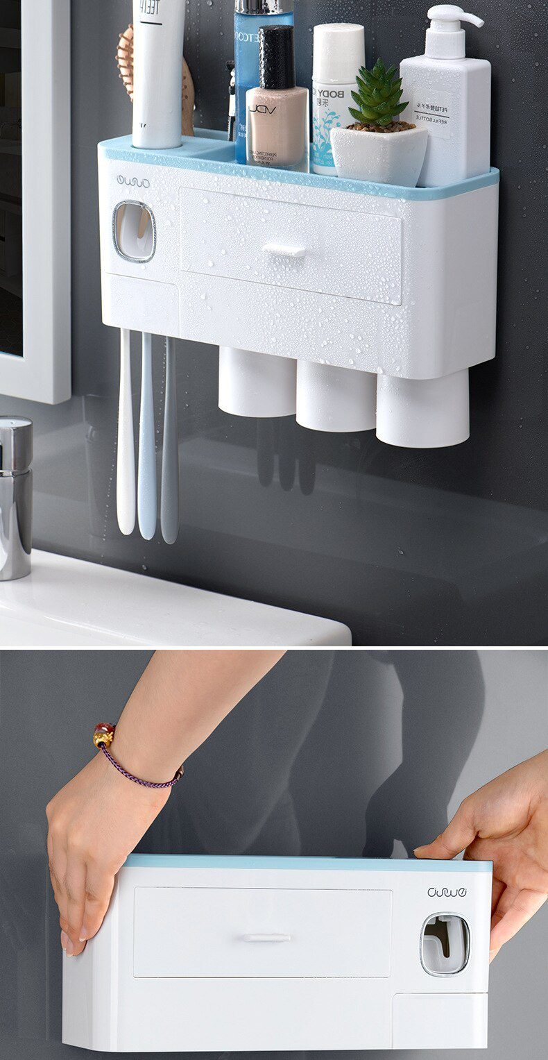 Magnetic Adsorption Inverted Toothbrush Holder Automatic Toothpaste Dispenser With Cup Toothpaste Bathroom Accessories Set