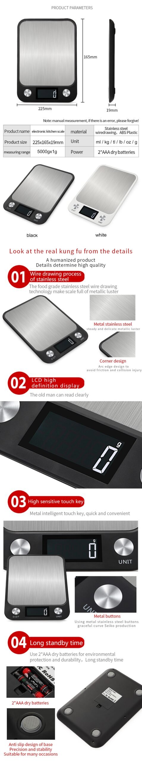 Kitchen Scale 15Kg/1g Weighing Food Coffee Balance Smart Electronic Digital Scales Stainless Steel Design for Cooking and Baking