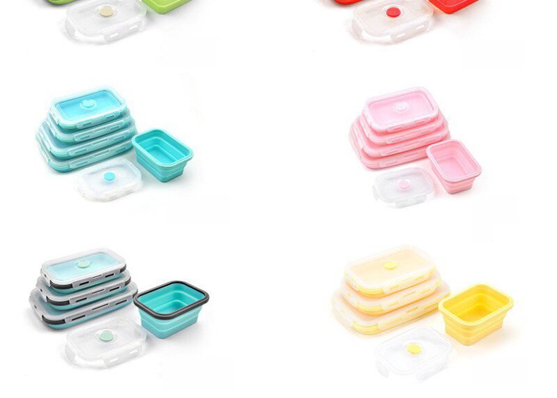 4Sizes Silicone Collapsible Lunch Box Food Storage Container Colorful Microwavable Portable Picnic Camping Rectangle Outdoor Box