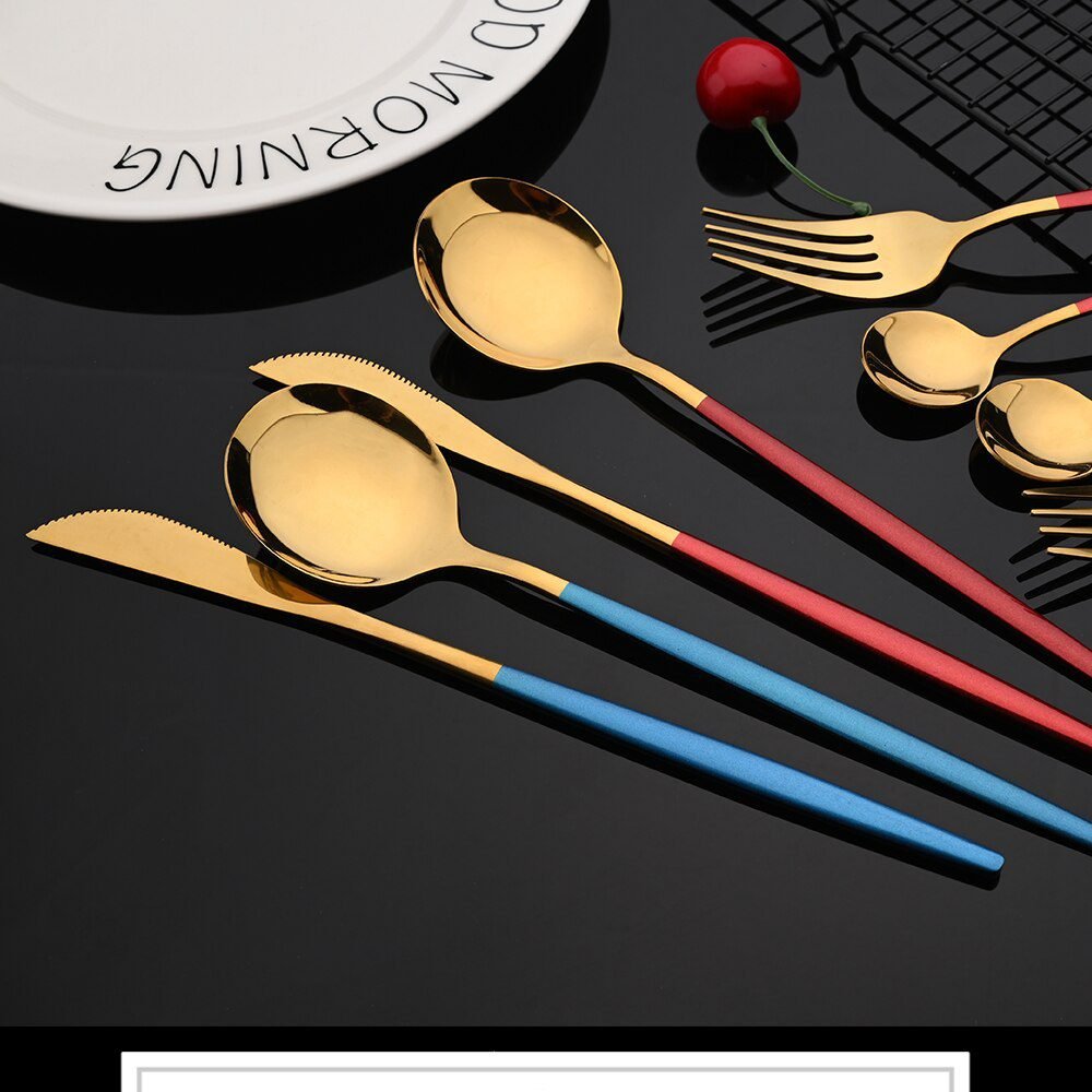 24Pcs Colorful Dinnerware Set Stainless Steel Cutlery Set Kitchen Mirror Gold Tableware Set Knife Fork Spoon Dinner Set