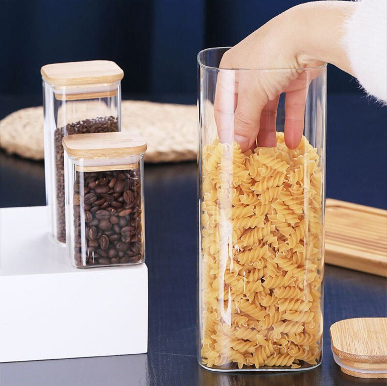 Sealing Kitchen Grain Tea Mason Storage Tank With Bamboo Cover Glass Jars For Spices Condiments Organizer Airtight Container