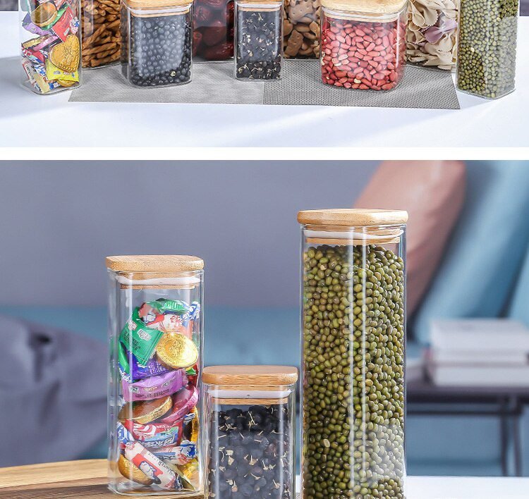 Sealing Kitchen Grain Tea Mason Storage Tank With Bamboo Cover Glass Jars For Spices Condiments Organizer Airtight Container