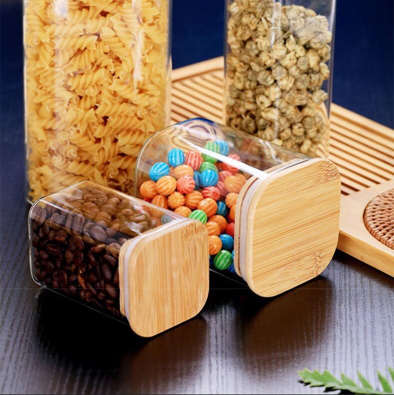 Sealing Kitchen Grain Tea Mason Storage Tank With Bamboo Cover Glass Jars For Spices Condiments Organizer Airtight Container