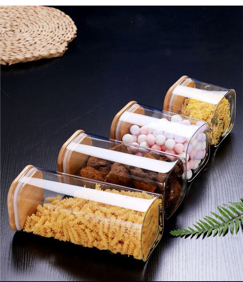 Sealing Kitchen Grain Tea Mason Storage Tank With Bamboo Cover Glass Jars For Spices Condiments Organizer Airtight Container