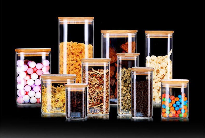 Sealing Kitchen Grain Tea Mason Storage Tank With Bamboo Cover Glass Jars For Spices Condiments Organizer Airtight Container