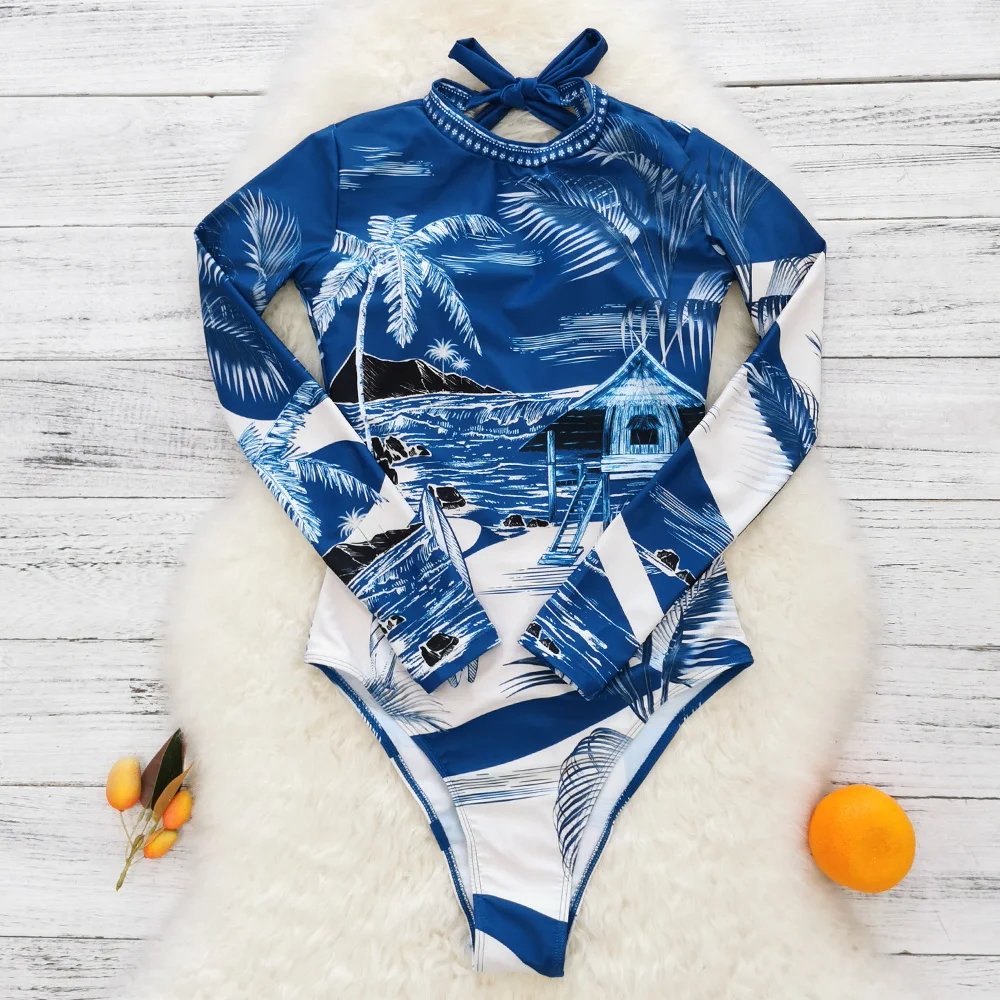 2025 Surfing Sport Swimsuit Long Sleeves Women One Piece Swimsuit Swimwear Solid Monokini Bathing Suit Tropical Bodysuit Female