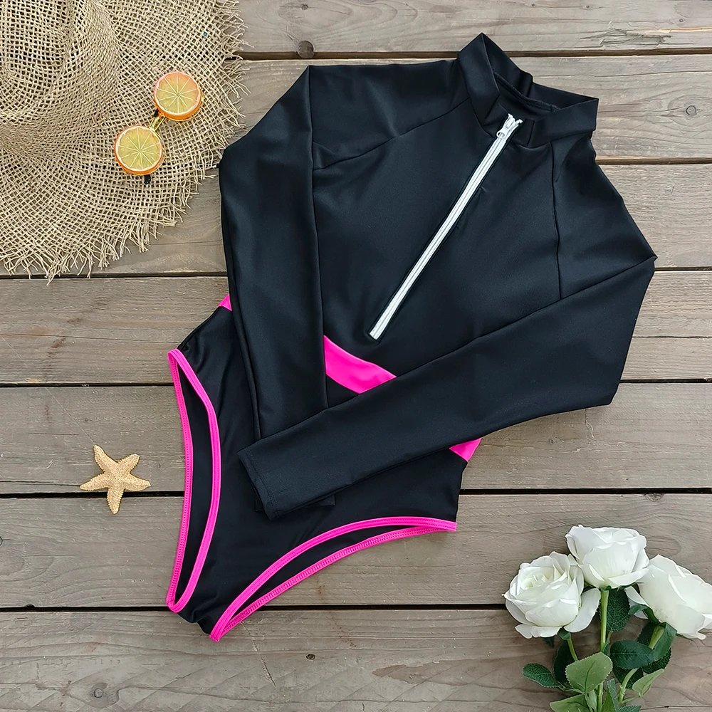 2025 Surfing Sport Swimsuit Long Sleeves Women One Piece Swimsuit Swimwear Solid Monokini Bathing Suit Tropical Bodysuit Female