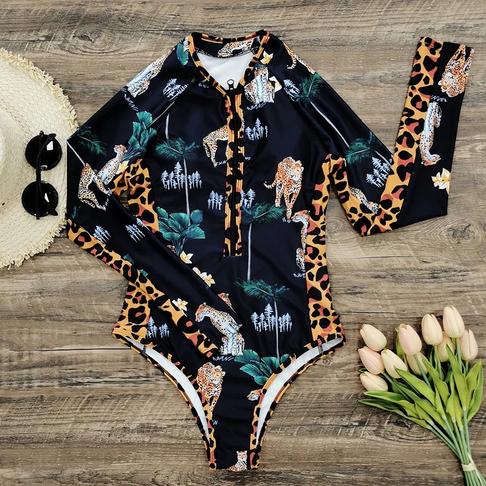 2025 Surfing Sport Swimsuit Long Sleeves Women One Piece Swimsuit Swimwear Solid Monokini Bathing Suit Tropical Bodysuit Female