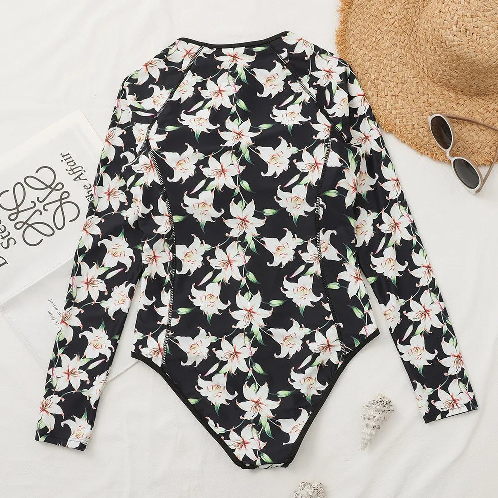 2025 Surfing Sport Swimsuit Long Sleeves Women One Piece Swimsuit Swimwear Solid Monokini Bathing Suit Tropical Bodysuit Female