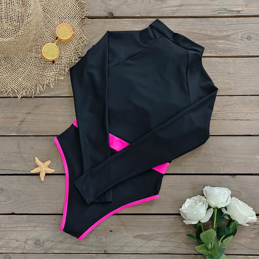 2025 Surfing Sport Swimsuit Long Sleeves Women One Piece Swimsuit Swimwear Solid Monokini Bathing Suit Tropical Bodysuit Female