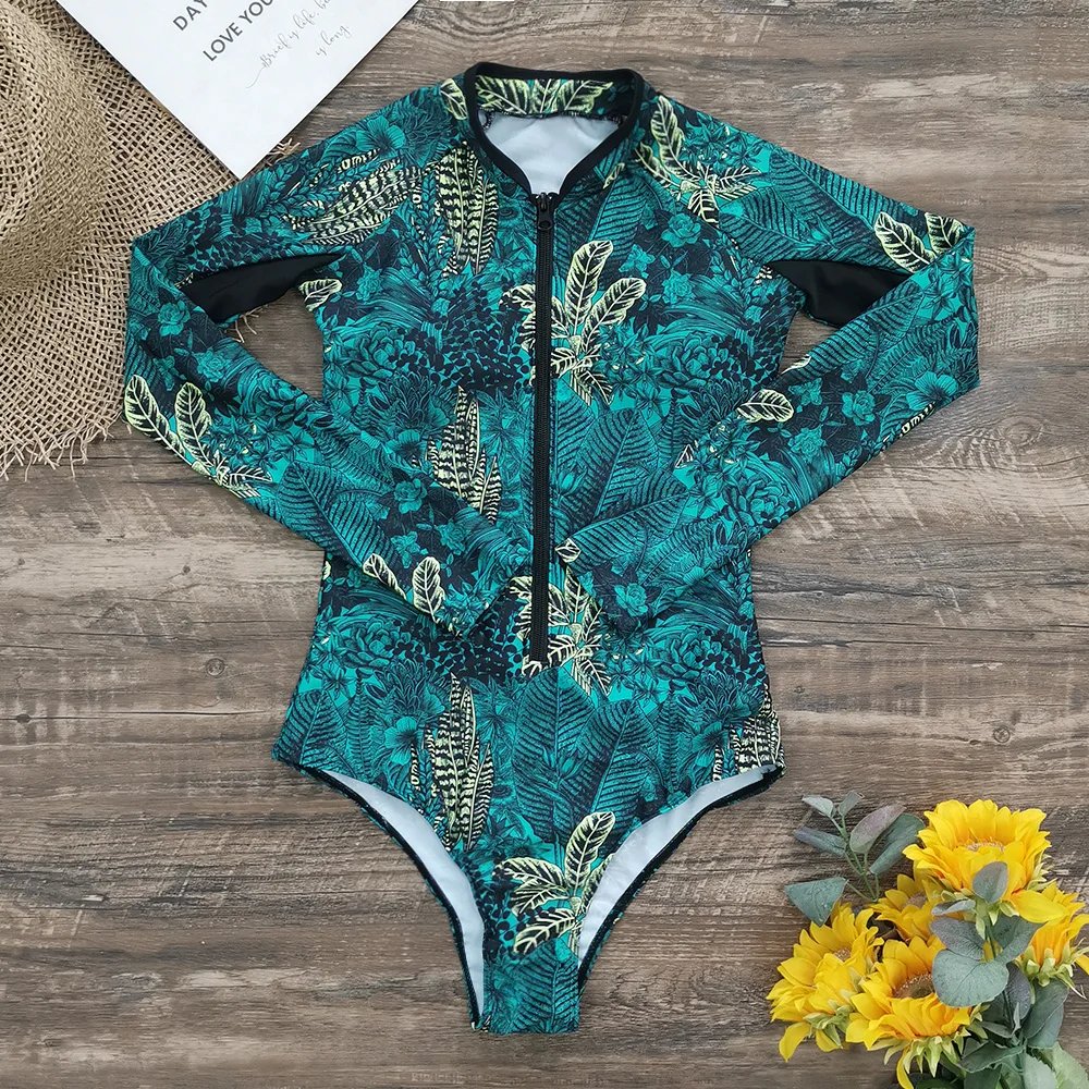 2025 Surfing Sport Swimsuit Long Sleeves Women One Piece Swimsuit Swimwear Solid Monokini Bathing Suit Tropical Bodysuit Female