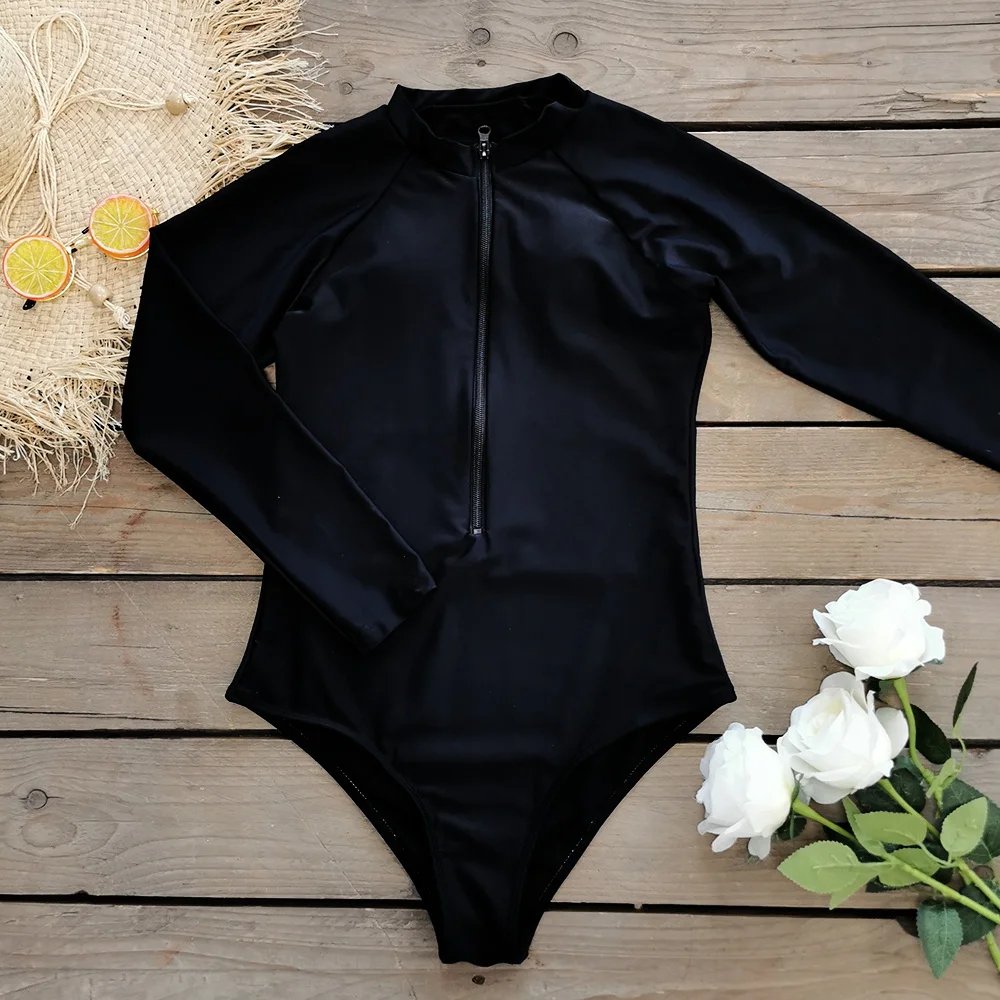 2025 Surfing Sport Swimsuit Long Sleeves Women One Piece Swimsuit Swimwear Solid Monokini Bathing Suit Tropical Bodysuit Female