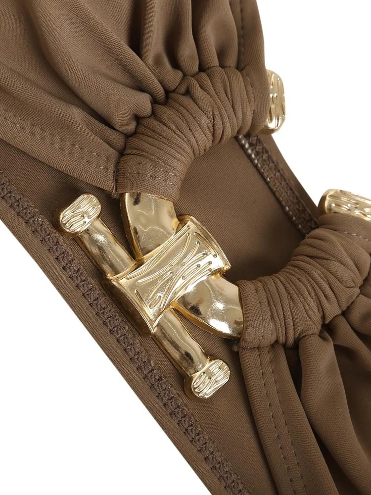 Solid O Ring 2025 New Swimsuit For Women Tie Side Shiny Metal Hardware Ring Bandeau Bikini Swimwear Padded Bra Top Low Waisted