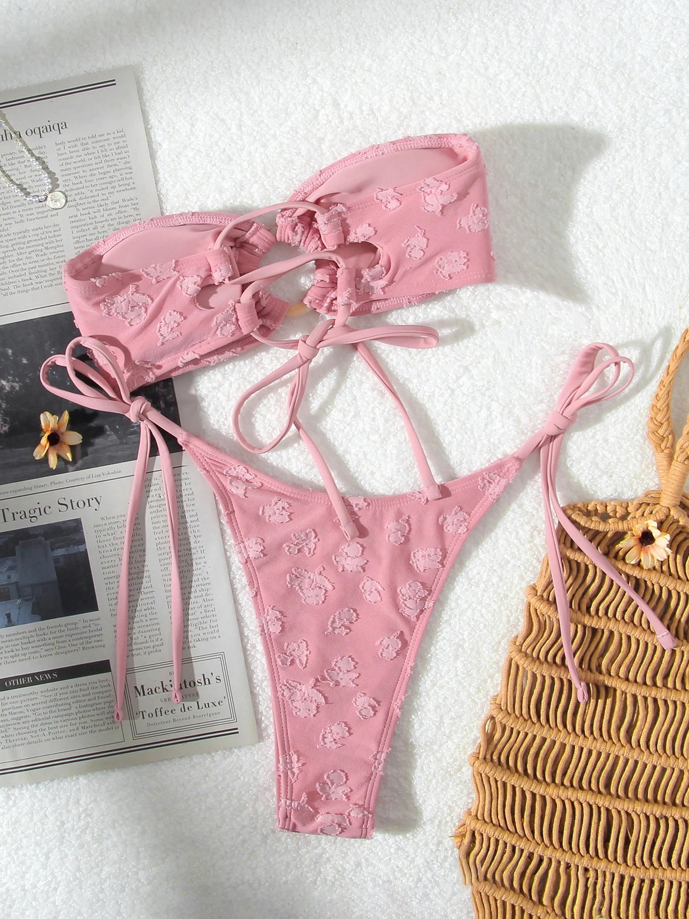 Solid O Ring 2025 New Swimsuit For Women Tie Side Shiny Metal Hardware Ring Bandeau Bikini Swimwear Padded Bra Top Low Waisted