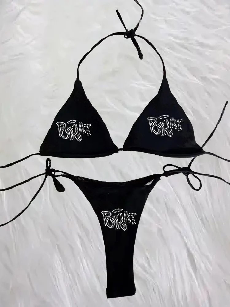 2000s Woman Punk New Beach Swimwear gothic clothes BRAT Rhinestone printing Grunge Swimsuit Bikini Y2K Bathing Suits Lace Up 
