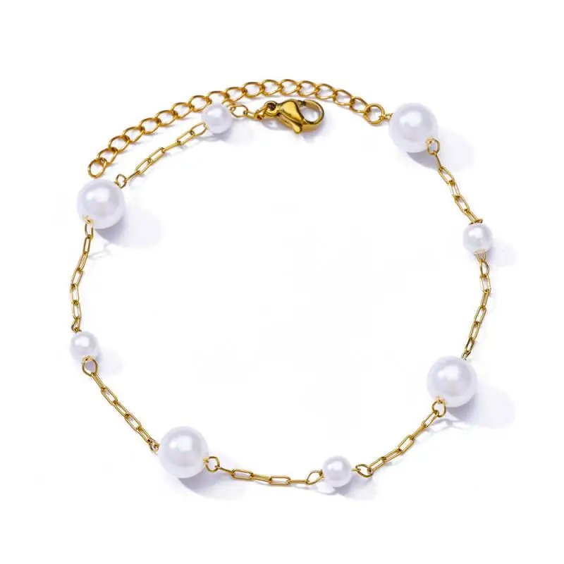 Anklets for Women Summer Beach Accessories Stainless Steel Imitation Pearl Chain Anklet Gold Color Leg Bracelets Bodychain Gifts