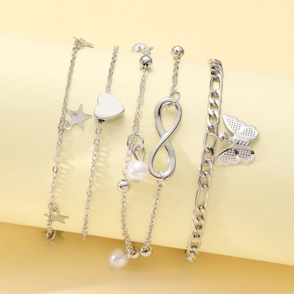 Bohemian Summer Beach Anklet Set For Women Vintage Silver Color Pearl Butterfly Star Heart Pendant Charm Chain On Leg Jewelry