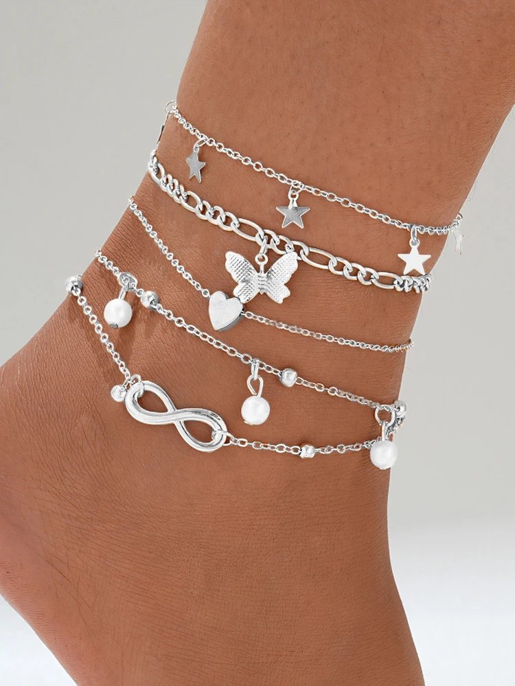 Bohemian Summer Beach Anklet Set For Women Vintage Silver Color Pearl Butterfly Star Heart Pendant Charm Chain On Leg Jewelry