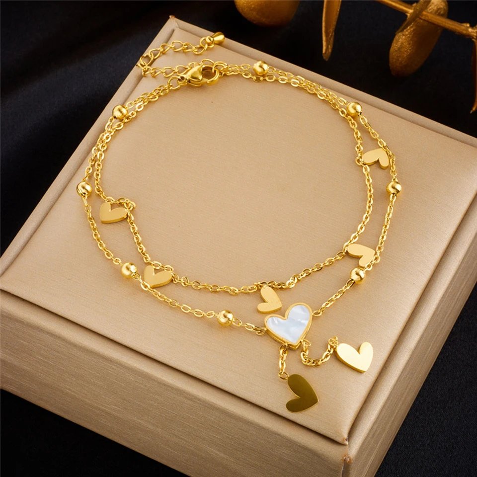 ZAKOL Stainless Steel Heart Love Anklets For Women Girl Fashion Double Layer Chains Ankle Accessories Jewelry Gift