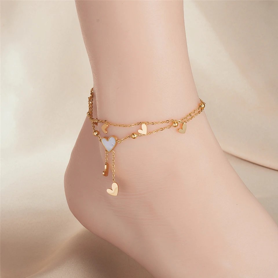 ZAKOL Stainless Steel Heart Love Anklets For Women Girl Fashion Double Layer Chains Ankle Accessories Jewelry Gift