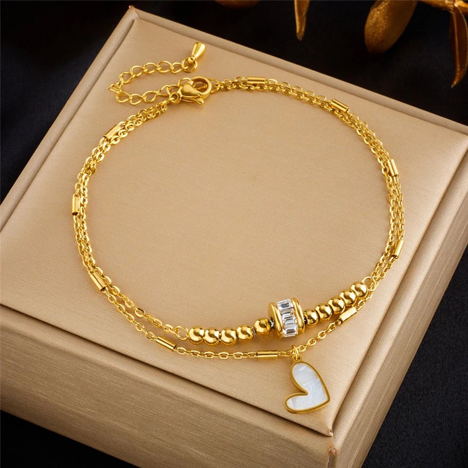 ZAKOL Stainless Steel Heart Love Anklets For Women Girl Fashion Double Layer Chains Ankle Accessories Jewelry Gift