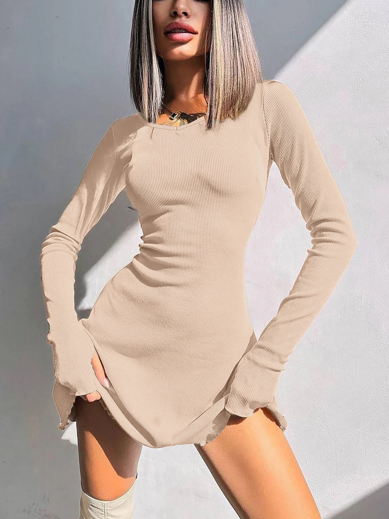 Dulzura Women 2024 Spring Autumn Fashion Long Sleeve Knitted Streetwear Bodycon Short Mini Dress Wholesale Items For Business