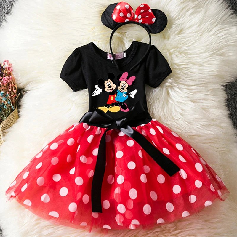 Mickey Minnie Mouse Cartoon Kids Short Sleeve Polka Dot Princess Dress Party Baby Girls Clothes Cosplay Costumes 1-6Y