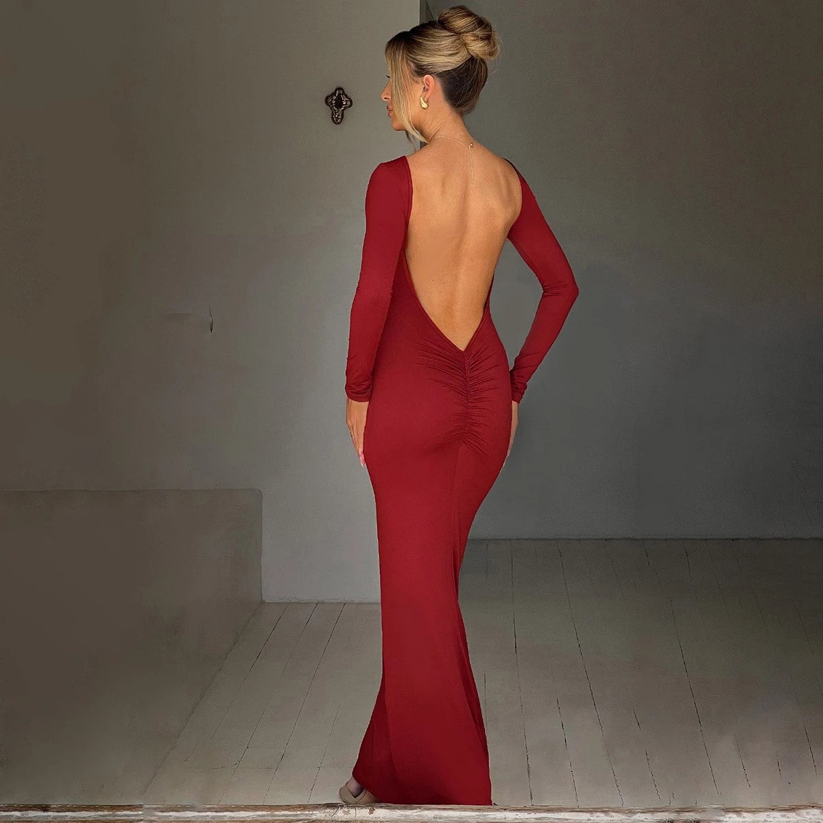 Hugcitar Spring Elegant Long Sleeve Backless Solid Cuched Sexy Bodycon Maxi Prom Dress Women Outfit Evening Party Festival Y2K