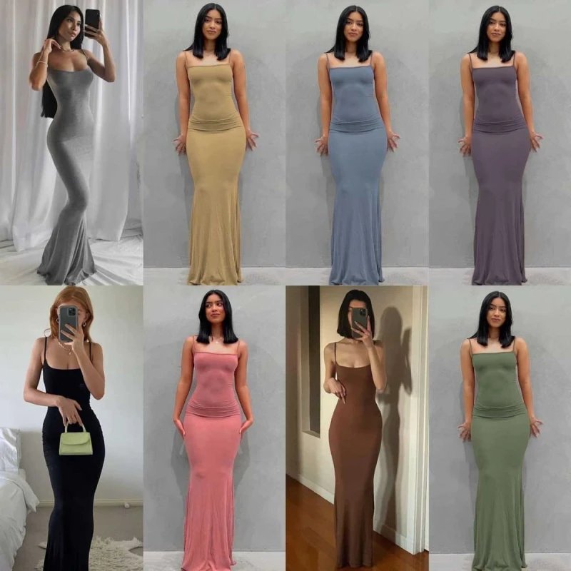 New Sexy Floor-Length Trumpet/Mermaid Dress Women Sleeveless High Street Slim Dress Solid Spaghetti Strap Bodycon Long Vestidos
