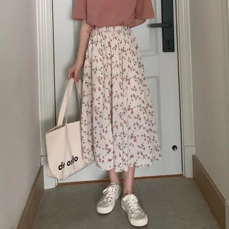 Vintage Floral Print A-line Pleated Long Skirts Summer Women Korean Skirt Streetwear Drawstring Elastic Waist Midi Skirt