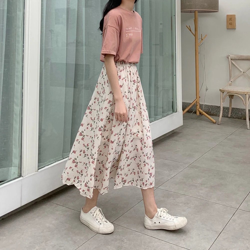 Vintage Floral Print A-line Pleated Long Skirts Summer Women Korean Skirt Streetwear Drawstring Elastic Waist Midi Skirt